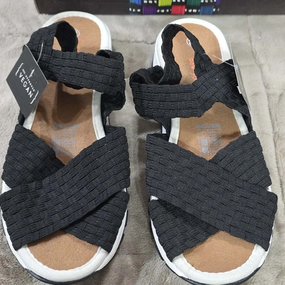 NEW Bernie Mev Kaia Sandals Black/Cream Womens‎ Strappy Stretch Memory Foam 39/8